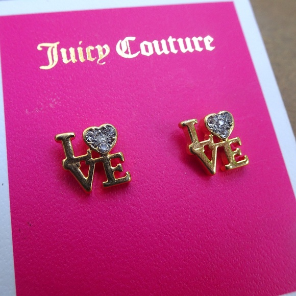Juicy Couture LOVE Stud Earrings Gold Tone Y2K McBling Baddie Crystal CZ Hearts - Picture 5 of 5
